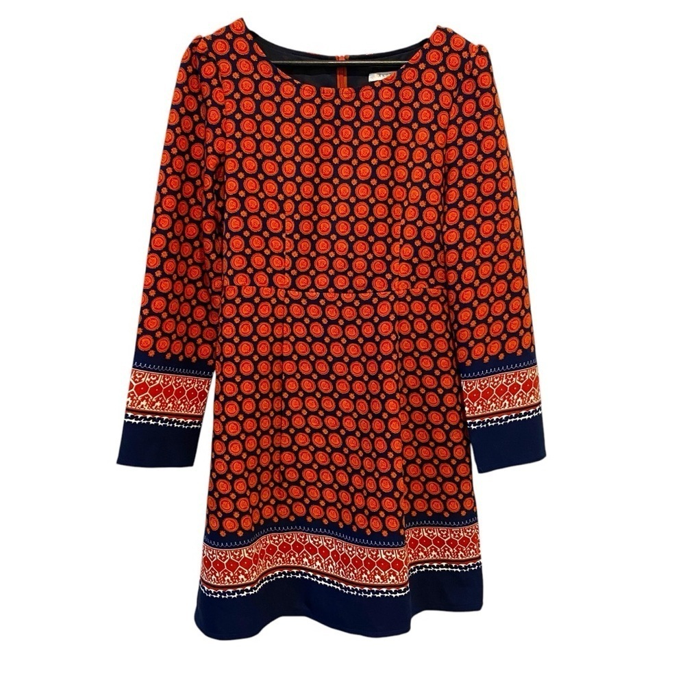 Anonyme Size 6 Mediterranean Moroccan Print Orange and Navy Sheath Dress